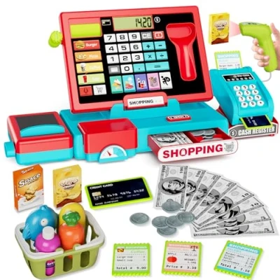 Image of HYES Toy Till Cash Register with Scanner for Kids, Shopping Pretend Play, Real Calculator, Scanner, Credit Card, Play Money, Conveyor, Food Toys, Learning Toys Gifts Toddler Red
