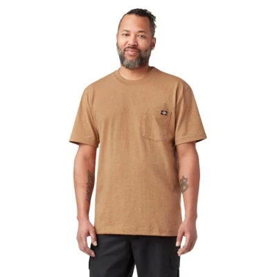 Image of Dickies Men&#039;s Short Sleeve Heavyweight Crew Neck Pocket T Shirt Henley, Brown Duck Heather, S