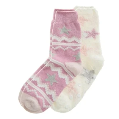 Image of Metzuyan WS AW23 Ladies 2 Pairs Cosy &amp; Thermal Socks Stars Winter Bed 4 8 Pink