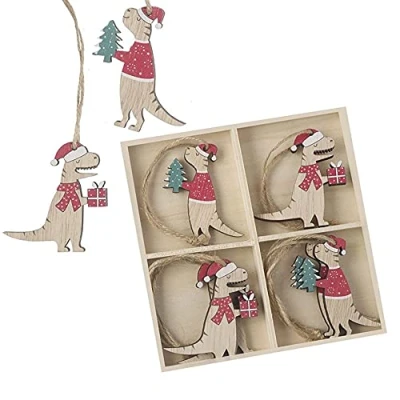 Image of Heaven Sends 8 Wooden Dinosaur Christmas Tree Decorations, Boxed Hanging Festive Novelty Baubles, Set Gift