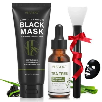 Image of Blackhead Peel Off Face Mask, SHVYOG 3 in 1 Remover Charcoal Mask with Brush &amp; Tea Tree Serum, Purifying Deep Cleansing Black for Blackheads, Dirt, Acne, Pores Shrinking (100g+30ml)