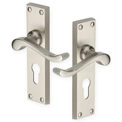 Image of Pair of 155mm Satin Scroll Door Handles Full Sets with a Euro Profile Lock Lever on Backplate Nickel Front Back