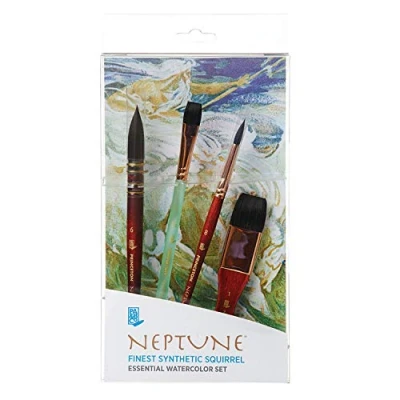 Image of Princeton Neptune Fine Art Watercolours Brushes Essential Set, Synthetic Squirrel, 4 Piece Brush Short Handle, Ideal for Professionals &amp; Students
