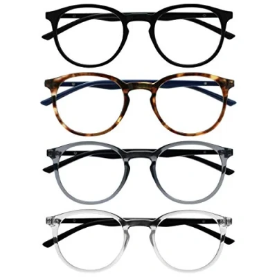 Image of OPULIZE Met 4 Pack Reading Glasses Large Round Black Brown Grey Clear Mens Womens Spring Hinges RRRR60 127C +0.00