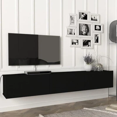 Image of [en.casa] TV Cabinet Vihti with 3 storage compartments Lowboard 180x31x29,5cm Hanging Board Floating Black
