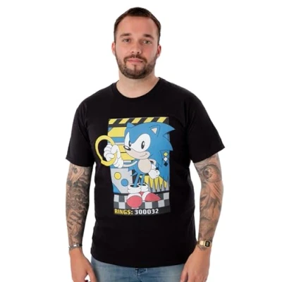 Image of Sonic THE HEDGEHOG Men&#039;s Black Short Sleeved T Shirt Classic Rings Design Authentic Merchandise Comfortable &amp; Stylish for Fans