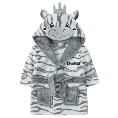 Image of Personalised Baby Girls Boys Dressing Gown Giraffe Robe Emroidered Name Animal Zebra 12 18 Months