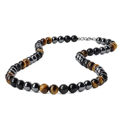Image of GAVU 10mm Tiger Eye Hematite Rainbow Obsidian Crystal Beaded Necklace for Men 55cm