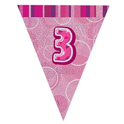 Image of Unique Party 92123 9ft Foil Glitz Pink Happy 3rd Birthday Bunting Flags