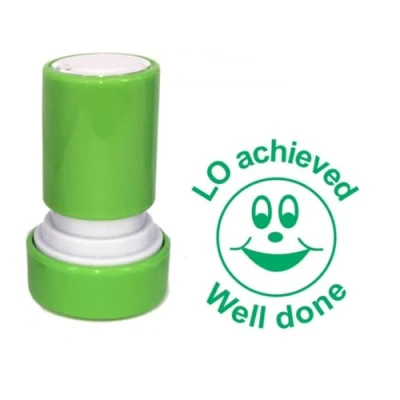 Image of LO Achieved Well Done (Learning Objective) Teacher Stamp. Green Ink, 22mm Reinkable