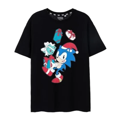 Image of SONIC THE HEDGEHOG Mens Christmas T Shirt Adults Black Festive Short Sleeve Graphic Tee Holiday Gaming Apparel Seasonal Gamer Merchandise Gift for Him