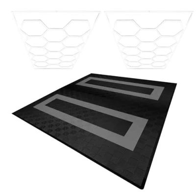 Image of MonsterShop Hexagon LED Lights x 2 &amp; Vented Garage Floor Tiles with Edges 165 Black 60 Grey