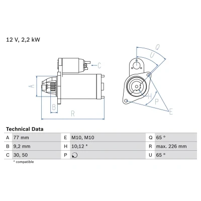 Image of M002T87171, M002T87171ZT, M002T87371, M002T88071, M2T87171 Starter motor BOSCH 0 986 022 740 12V 2,2kW 12, 10 50 rechts 77mm MITSUBISHI: PAJERO 3