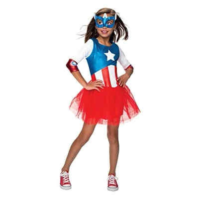 Image of Rubie&#039;s Kid&#039;s Marvel Captain America Girl American Dream Dress Deluxe Costume, Small, Age 3 4, HEIGHT 3’ 8 4&#039; Halloween