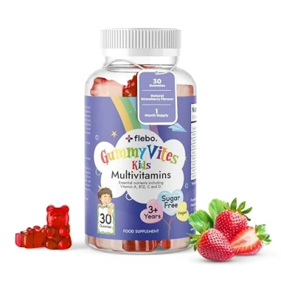 Image of Flebo Kids Vitamins multivitamins, Strawberry Flavour Gummies, 1 a Day Sugar Free Vitamins, Contains Essential multivitamins for Kids, Vegan, Gummies 3 12 Years