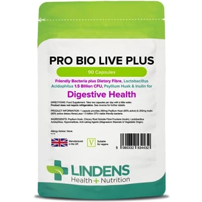 Image of Lindens Pro Bio Live Plus Dietary Fibre, 90 Capsules Lactobacillus Acidophilus, 1.5 Billion CFU with Psyllium Husk &amp; Inulin, Healthy Digestion UK Made, Letterbox Friendly
