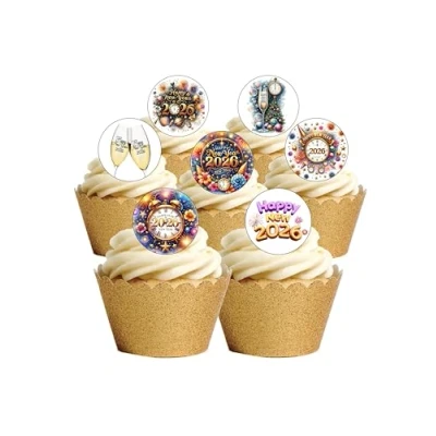 Image of 24 Pre Cut Bright Colourful New Year 2025 Themed Edible Wafer Paper Cake Toppers Decorations