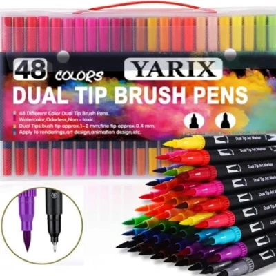Image of YARIX Dual Tip Brush Pens Colouring Set of 48 Coloured Pens, Felt Art Supplies for Kids &amp; Adult Books Watercolour Markers Drawing, Sketching, Calligraphy