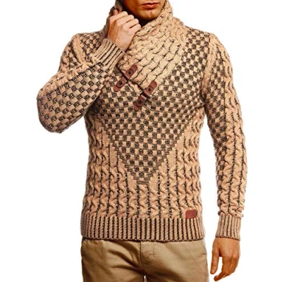 Image of Leif Nelson Mens Knitted Pullover Shawl Collar Slim Fit Winter Summer Modern Men Black Jumper T Shirt Long Sleeve with Hoodie Wool 5255, Brown ecru, L (5255BRSC L)