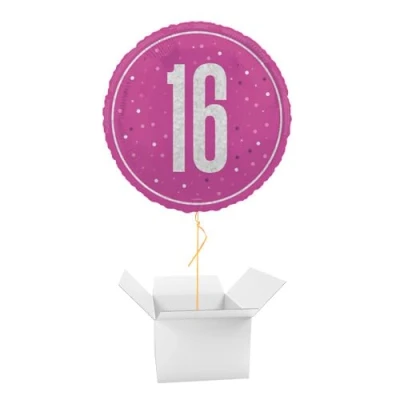 Image of Hot Pink Glitz Age 16 Holographic Round Foil Helium Balloon Inflated in a Box