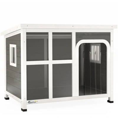 Image of PawHut Dog Kennel Outdoor, Wooden House with Asphalt Openable Top, Removable Floor, Clear Front Panel, Curtain, Windows, Shelter for Small Medium Dogs, 90 x 62 71cm, Light Grey