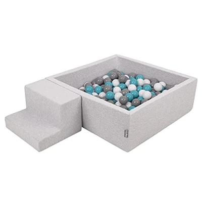 Image of KiddyMoon Foam Playground For Kids With Square Ballpit (200 Balls ∅ 7Cm/2.75In) Soft Obstacles Course And Ball Pool Made In EU, Lightgrey:Grey/White/Turquoise
