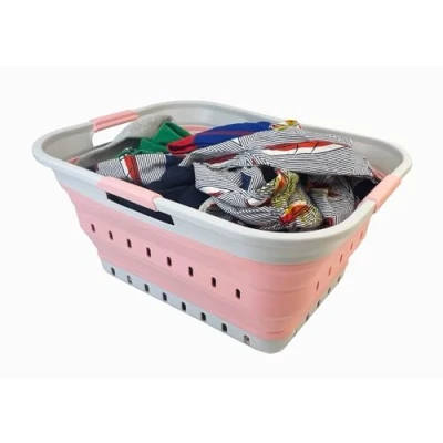 Image of SAMMART 42L Collapsible Plastic Laundry Basket Foldable Pop Up Storage Container/Organizer Space Saving Hamper/Basket (Grey/Quartz Pink)