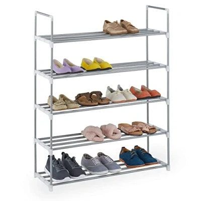 Image of Relaxdays Shoe Rack Plug in System, 5 Levels, for 20 Pairs of Shoes, HxWxD: 114.5 x 90 31 cm, Metal, Silver/White
