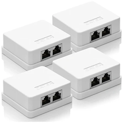 Image of deleyCON 4x CAT 6a Network Socket 2x RJ45 FTP Shielded Surface Mounted 10Gbit Ethernet LAN Patch Cable White