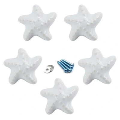 Image of Flomore White Drawer Knob Ceramic Cabinet Knobs Kids Room Handle Pull Starfish Shape for Dresser Drawers (Pack of 5 Screws Included)
