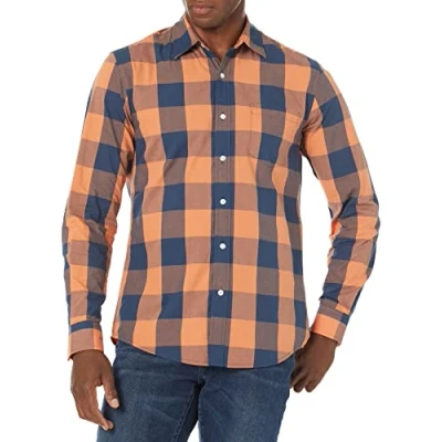 Image of Amazon Essentials Men&#039;s Slim Fit Long Sleeve Poplin Shirt, Blue Orange Buffalo, XXL