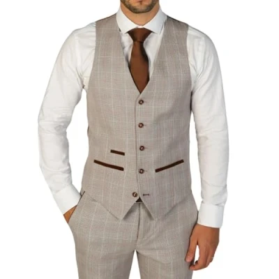 Image of TruClothing Men&#039;s Waistcoat Beige Checked Tailored Fit Vests 36
