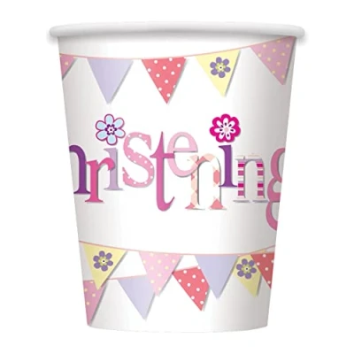 Image of Pink Bunting Christening Paper Cups (9oz) Pack of 8 Durable &amp; Festive Design, Perfect for Celebrations