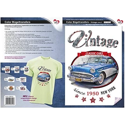 Image of Ideen mit Herz Colour iron on transfers, DIN A4, filigree without background, decorate T shirts and bags with motifs, pictures, quick easy, DIY textile design (vintage car 2)