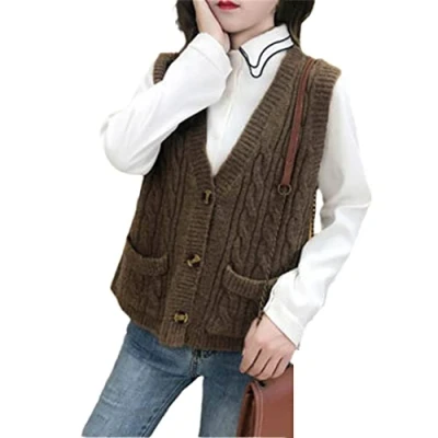 Image of Women Vest Sweater V Neck Cardigan Woolen Knitted Sleeveless Gray