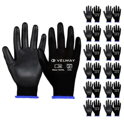 Image of Velway 12 Pairs Safety Work Gloves Firm Grip Gardening Non Slip PU Coated Builders Lightweight Breathable Protective EN388 Mechanic Working for Men Women Black (Size 10/XL)
