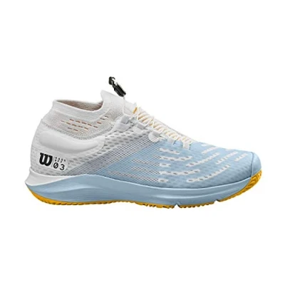 Image of Wilson Men&#039;s Tennis Shoes, KAOS 3.0 SFT, White/Light Blue/Gold, Size 8, For All Surfaces, Types of Player, WRS325910E080