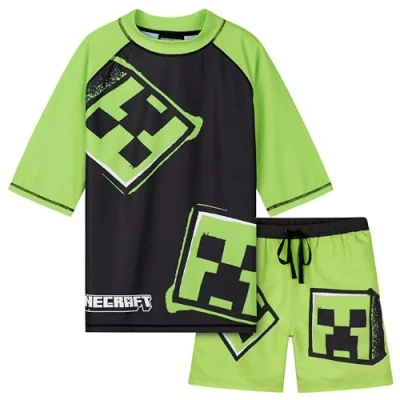 Image of Minecraft Boys 2 Piece Swimwear Set for Pool, Beach Holiday Essentials Gamer Gifts (13 14 Years, Light Green/Black)