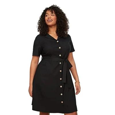Image of Trendyol FeMan Plus Size Mini Shirt Dress Relaxed fit Woven Black