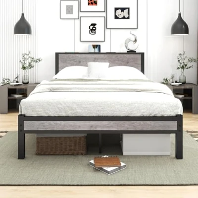 Image of Diahomy Double Bed Metal Platform Frame with Wood Headboard/Mattress Base/Underbed Storage/No Box Spring Needed/Gray/195x135cm