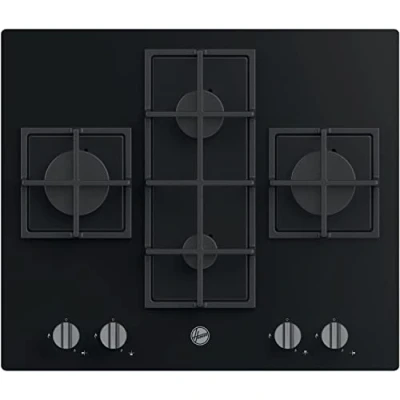 Image of Hoover HVG6DK3B 60 cm Gas Hob, 4 burners, Front control, Cast Iron Pan Supports, Black Glass