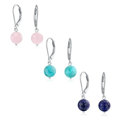 Image of Set of Three Simple Round Bead Stabilized Turquoise Pink Leverback Ball Drop Earrings For Women.925 Sterling Silver December Birthstone