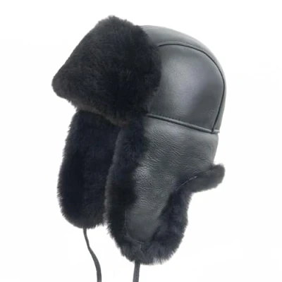 Image of Zessano Leather Aviator Russian Ushanka Trapper Winter Fur Hat Unisex Shearling 100% Sheepskin Hats for Men Women Black