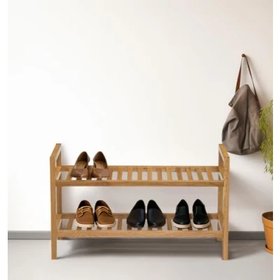 Image of Hallowood Furniture Waverly Oak 2 Tier Shoe Rack in Light Oak, Wooden Rack, Small Stackable Stand, Storage for Hallway, Organiser 6 Pairs Shoes