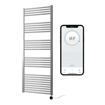 Image of Greened House Chrome Electric Smart WiFi Controlled Heated Towel Rail 600mm W x 1600mm H Flat 7 Day Programmable Timer App Compatibility