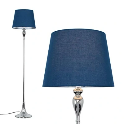 Image of MiniSun Modern Polished Chrome Spindle Design Floor Lamp with a Navy Blue Tapered Shade