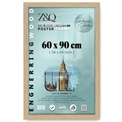 Image of Z&amp;Q Wall Mounted Poster Picture Frame Oak 90 x 60 cm Display Painting Photo Print With HD Clear Perspex Both Ways Hanging Hooks MDF Wood 30x15mm Moulding