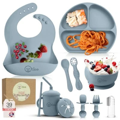 Image of O&#039;doe 11 Piece Baby Led Weaning Feeding Supplies for Toddlers,Baby Set Suction Silicone Bowl Self Eating Utensils with Spoons, Bibs, Toddlers Spoon Set, Food Plate Kit Blue V1