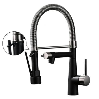 Image of TIMACO Kitchen Tap with Lock Shower Extendable 360 Swivel Bar Single Lever Mixer &amp; Pull Down Spray High Pressure Brushed Nickel and Black