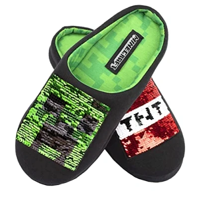 Image of Minecraft Black Kids Slippers Boys Reversible Sequin Creeper &amp; TNT Box Design Clothes Size UK 1/33 EUR/Age 8